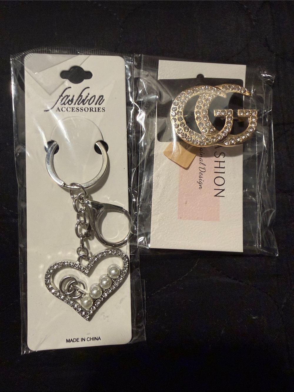 Fashion Jewelry Silver Heart Key Chain& Gold Crystal GG Brooch Set